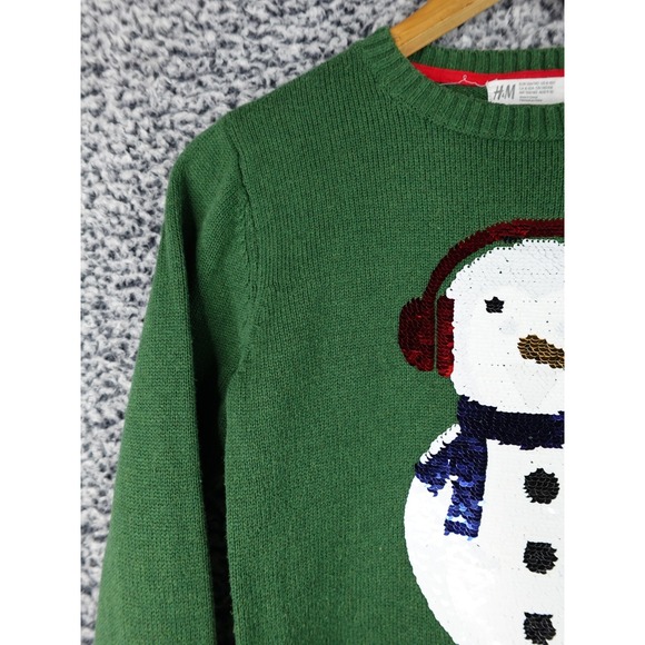 H&M Unisex Christmas Sweater Size 8 Green Snowman Penguins Sequins Long Sleeve - Picture 2 of 13